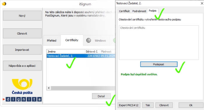 Testovn certifiktu pomoc aplikace iSignum